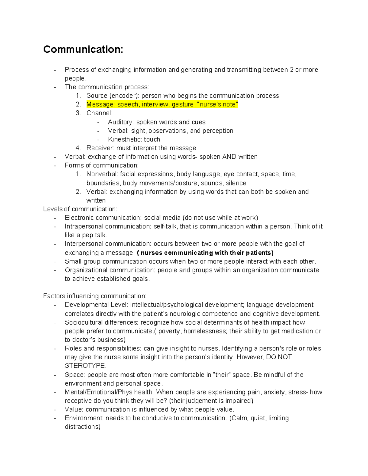 Nursing - Lecture Notes on Communication Processes for Exam 1 - Studocu