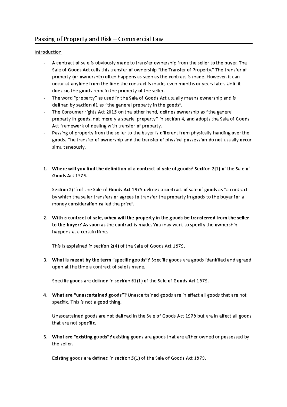 Passing of Property, Risk, and Title in Commercial Law - Topic 2 - Studocu