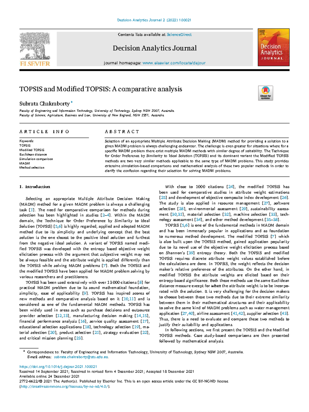 TOPSIS and Modified TOPSIS: A Comparative Analysis in MADM - Studocu