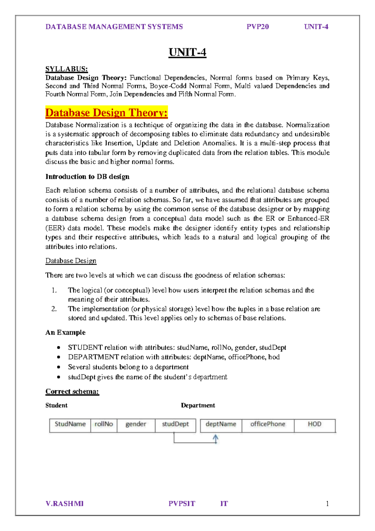 PVP20 DBMS UNIT-4 - Database Normalization and Functional Dependencies ...