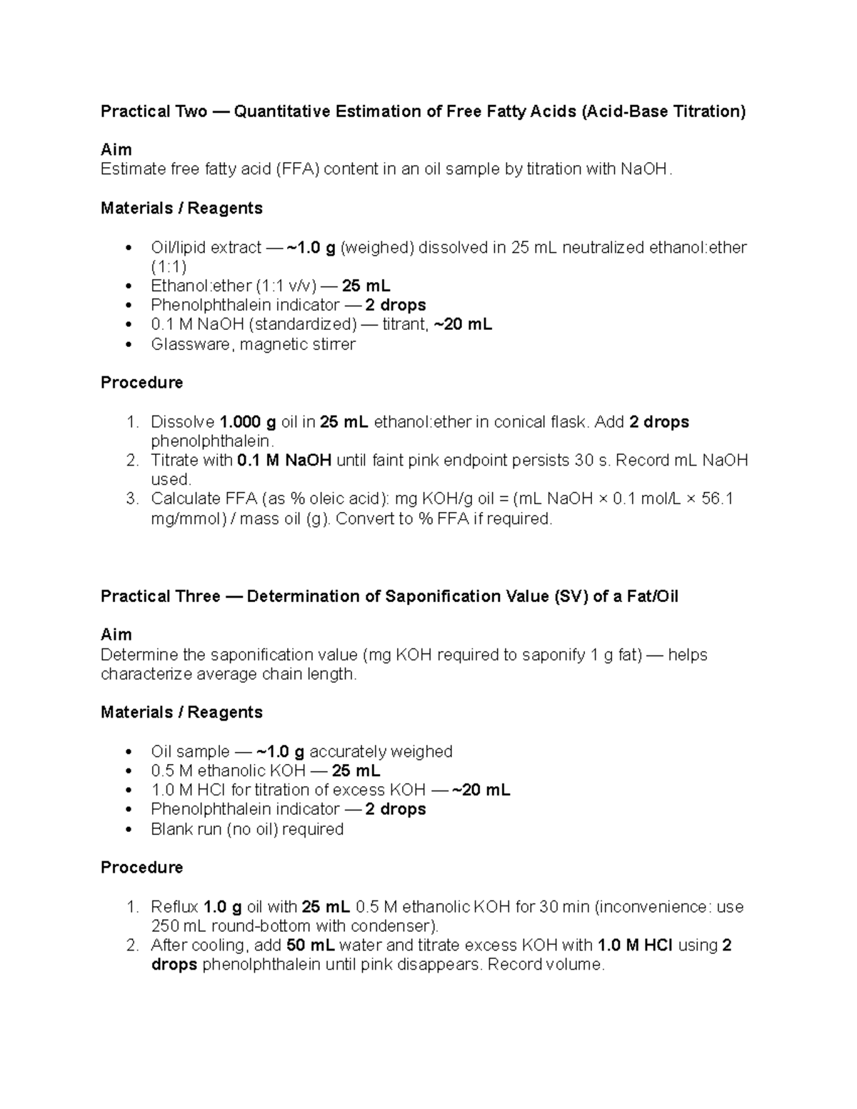 Practical One and Two: Quantitative Estimation of FFA & SV - Met II ...