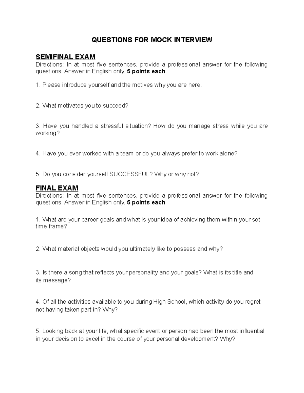 Mock Interview Questions for Semifinal & Final Exam Preparation - Studocu