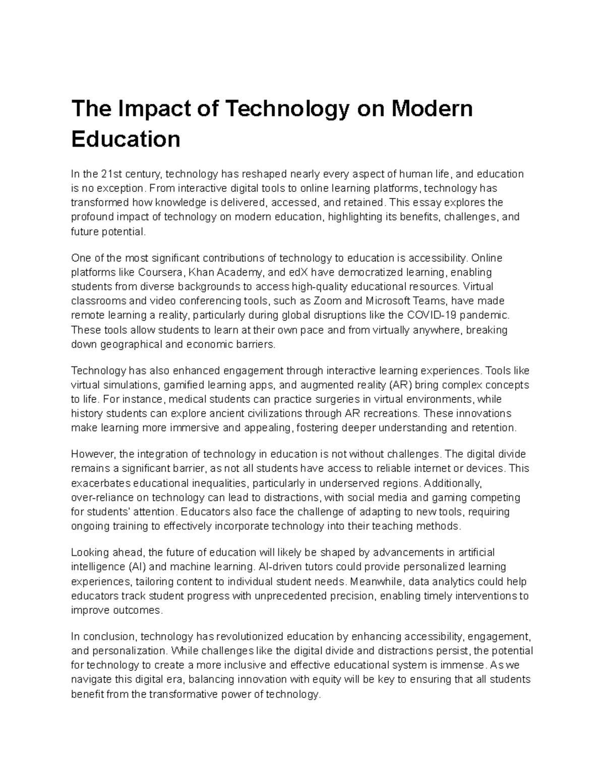 The Impact of Technology on Modern Education: An Essay Analysis - Studocu