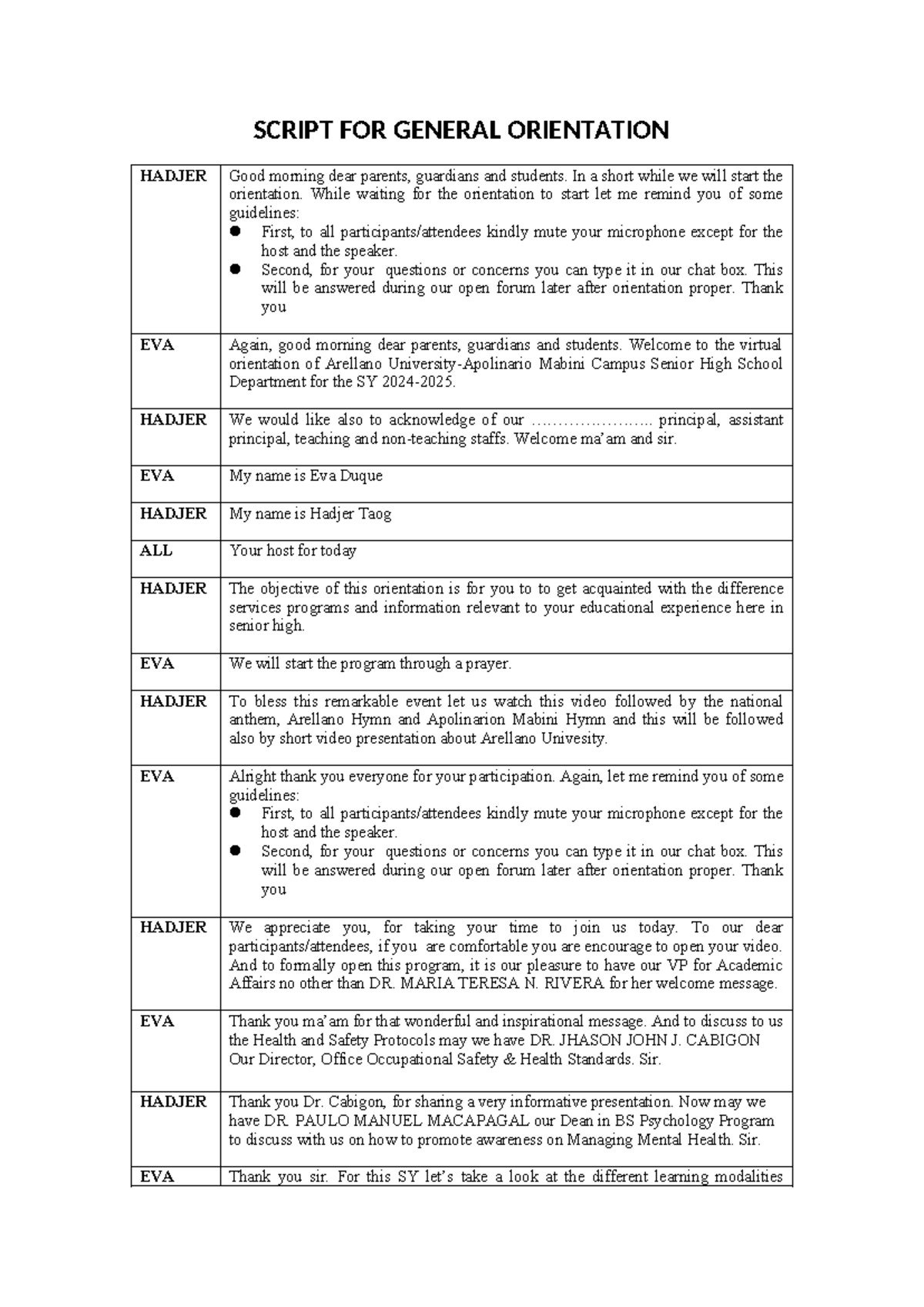 Script - TO READ - SCRIPT FOR GENERAL ORIENTATION HADJER Good morning ...