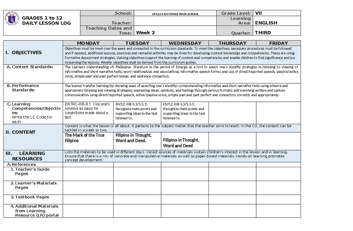 DLL Grade VII English 3rd Quarter Week 2 Lesson Plan - Studocu