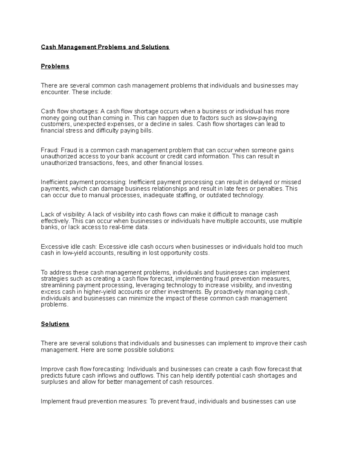 Cash Management Issues & Strategies: Problems and Solutions - Studocu
