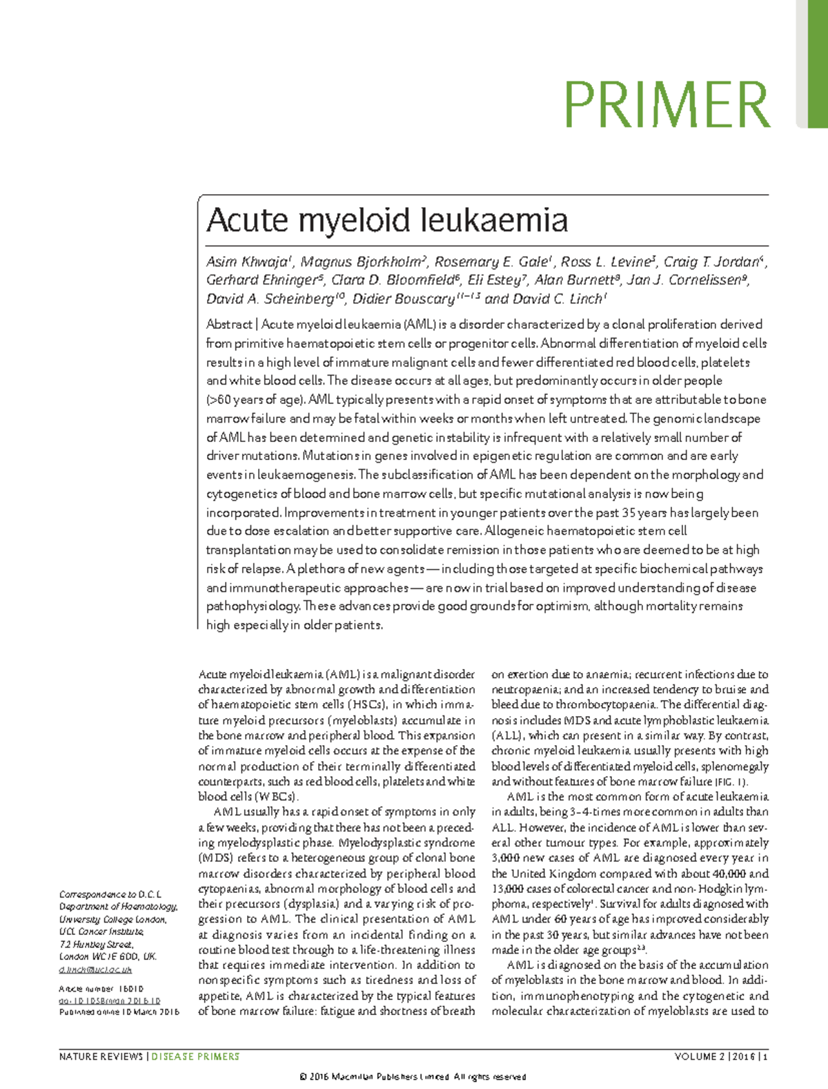 **Title: PRIMER: Acute Myeloid Leukaemia (AML) Overview and Management ...