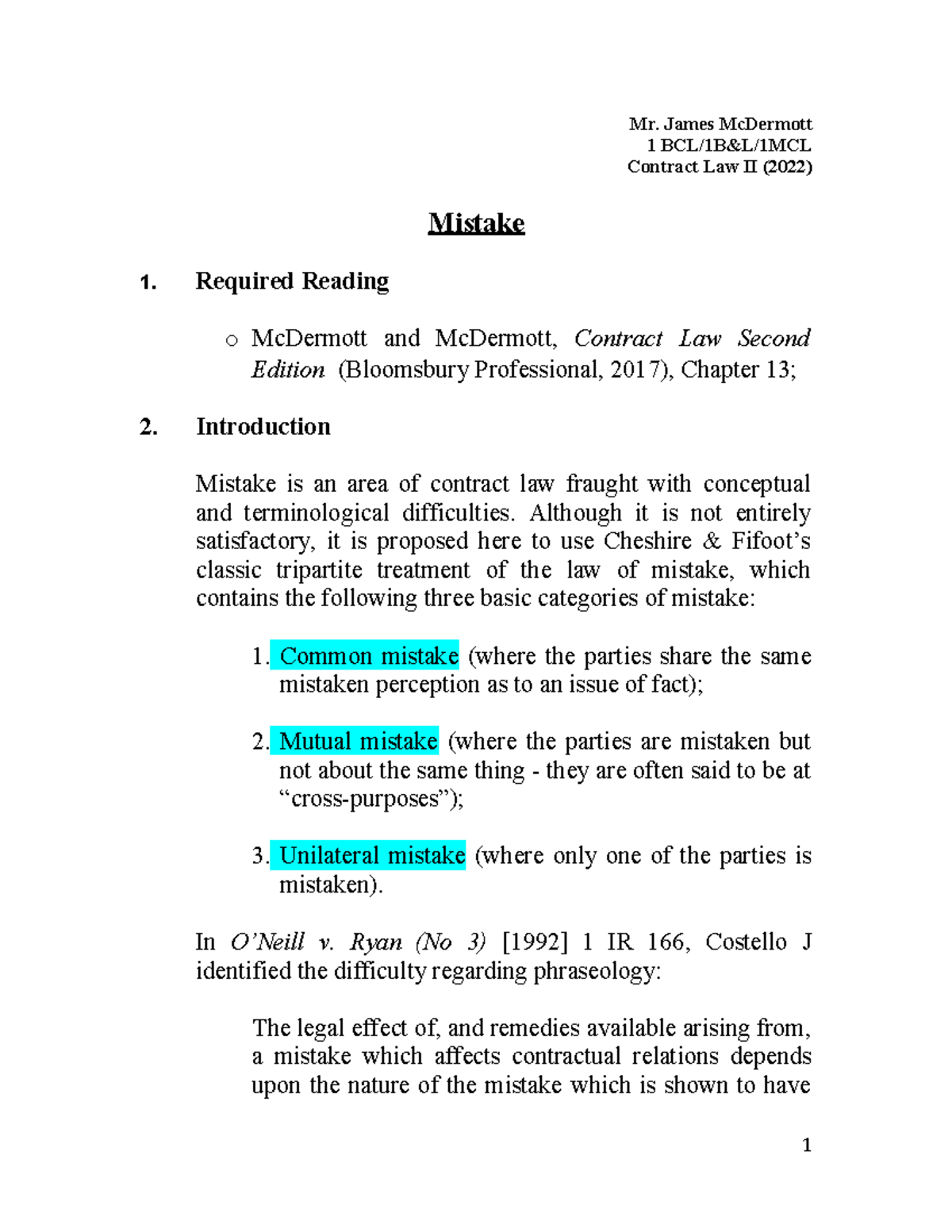 Contract Law Ii 2022 Lecture 4 Understanding Mistakes In Contracts