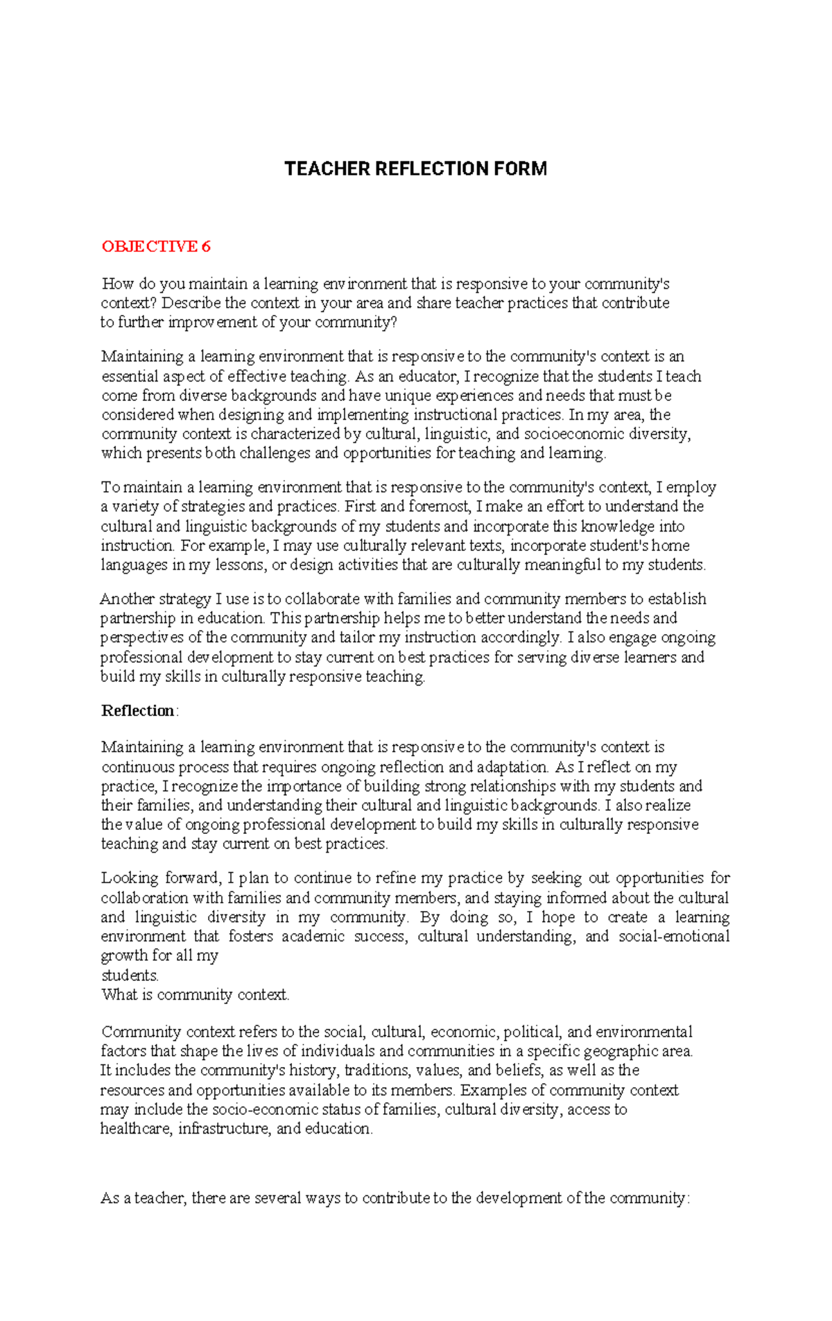 Teacher Reflection Form (TRF) Objectives 6-10: Enhancing Teaching ...