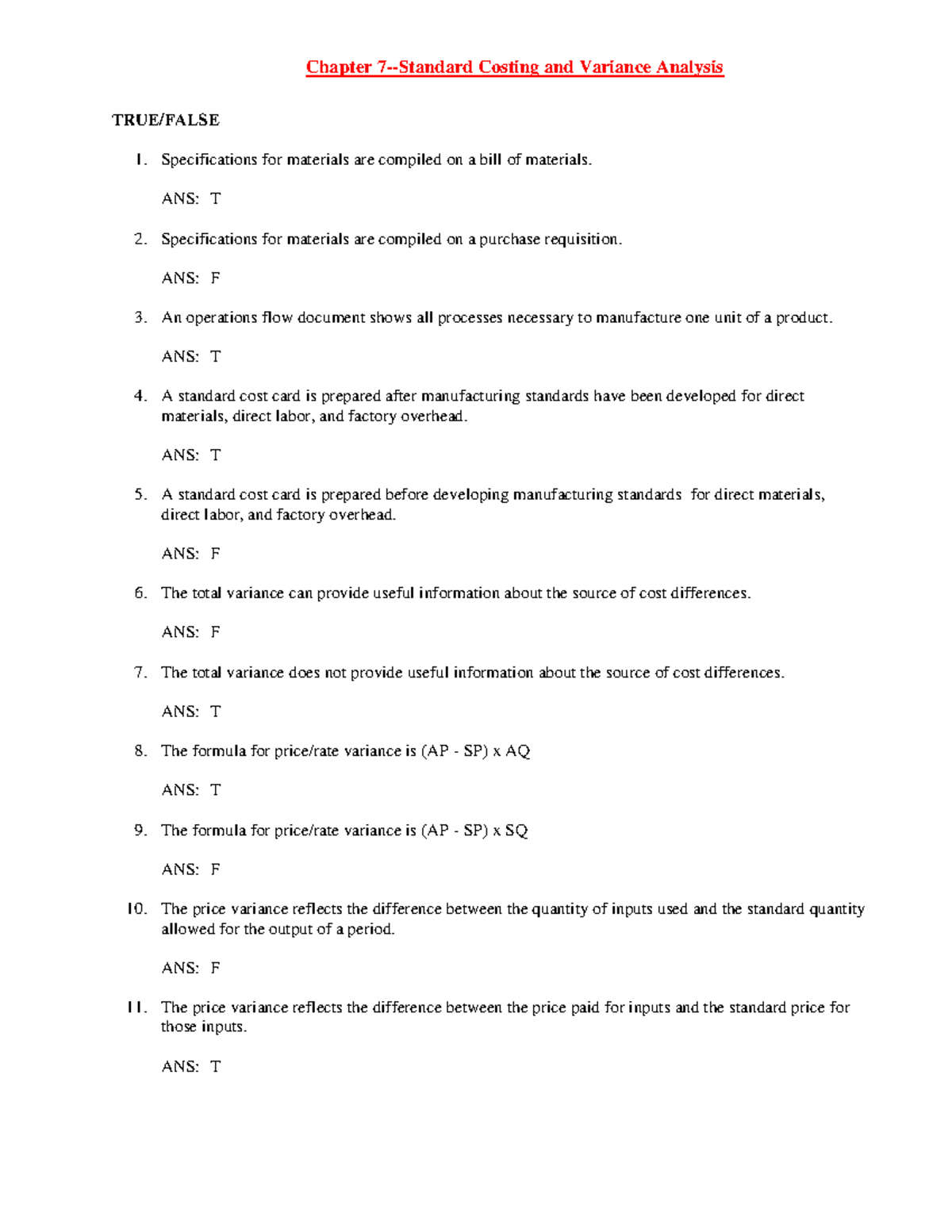 Chapter 7: Standard Costing & Variance Analysis Study Notes - Studocu