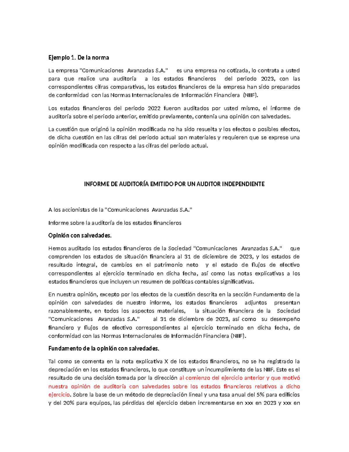 Dictamen de Auditoría NIA 710 - Empresa Avanzadas 2023 - Studocu