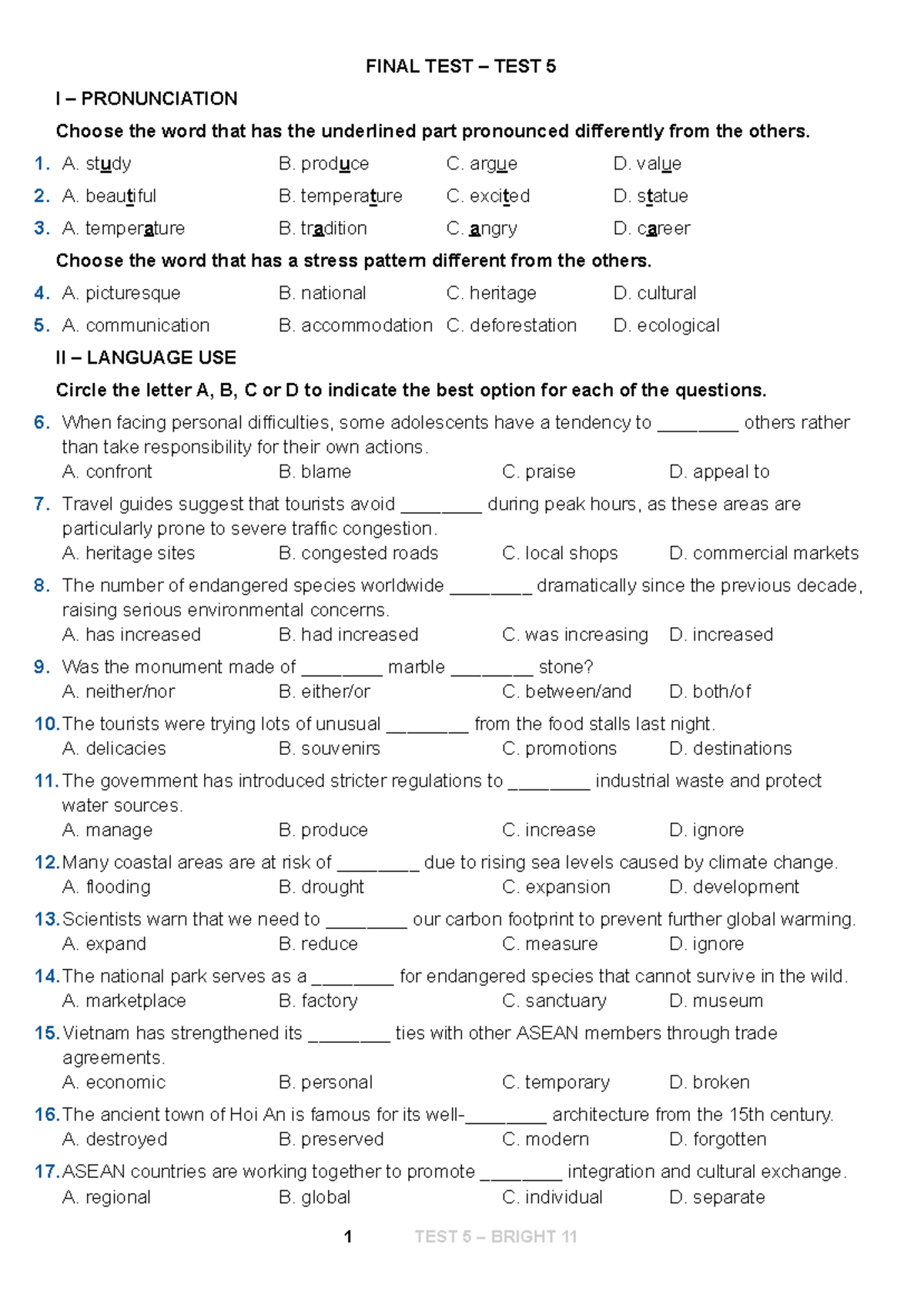 FINAL TEST HK1 - BRIGHT 11: PRONUNCIATION & LANGUAGE USE - Studocu