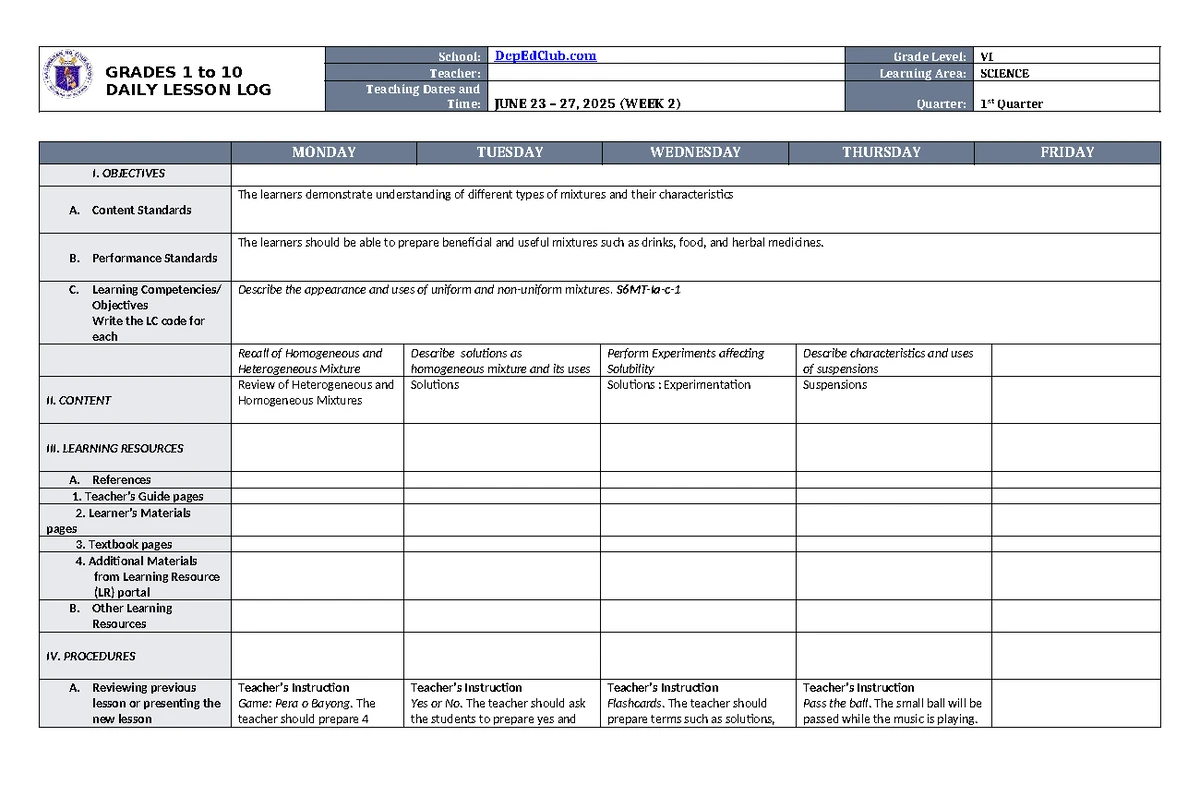 DLL ESP 6 Q1 W1: Daily Lesson Log for Grade 6 ESP - Studocu