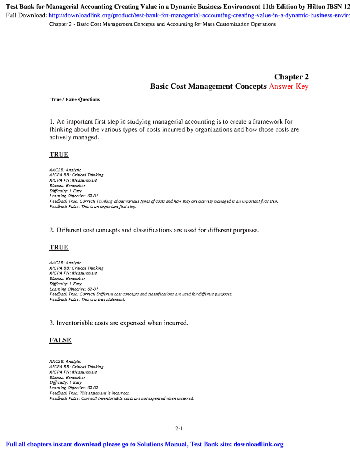 Managerial Accounting Test Bank: Chapter 2 Cost Management Concepts ...