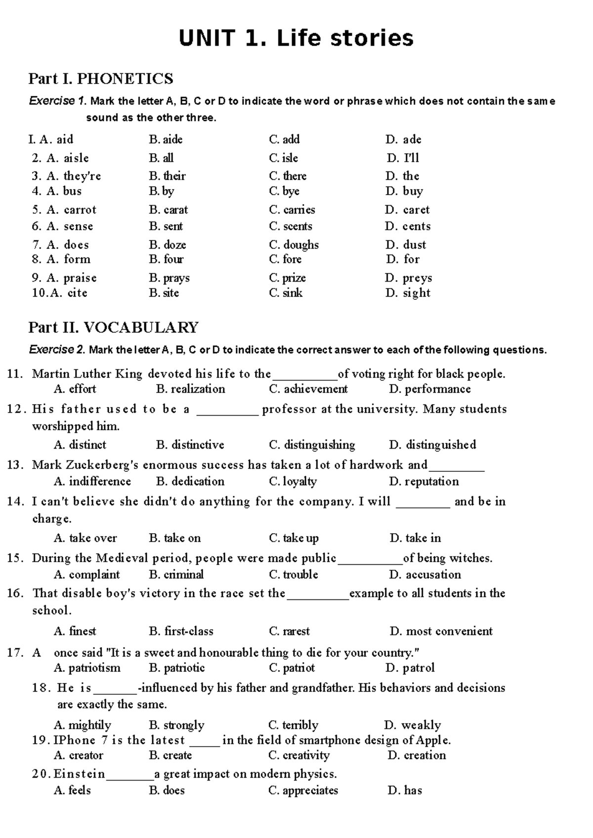 PHONETICS & VOCABULARY Exercises - UNIT 1 - Document Preview