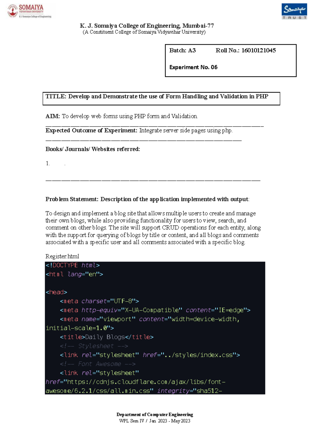 Experiment 06: PHP Form Handling & Validation - WPL Sem IV - Studocu
