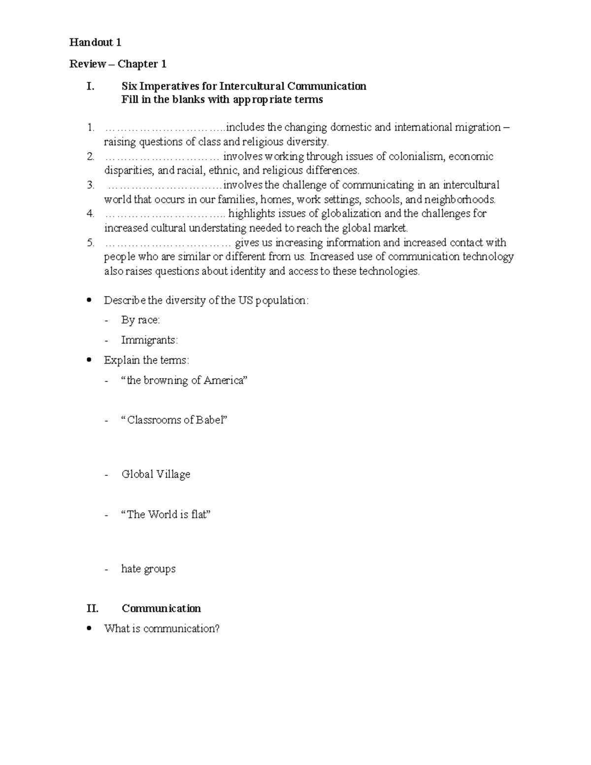 Chapter 1 Review - Intercultural Communication Handout 1 - Studocu