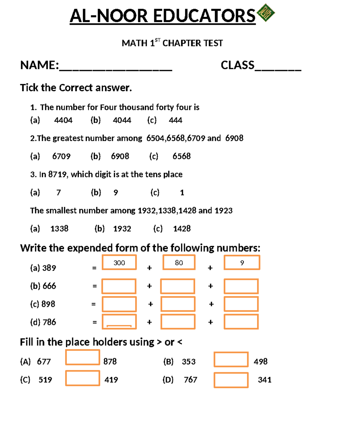 Math CHAPTER TEST 1 - AL-NOOR EDUCATORS 2024 - Studocu