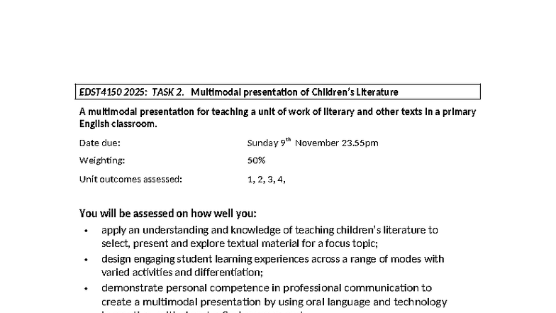 EDST4150 2025: Task 2 - Multimodal Presentation on Literature - Studocu
