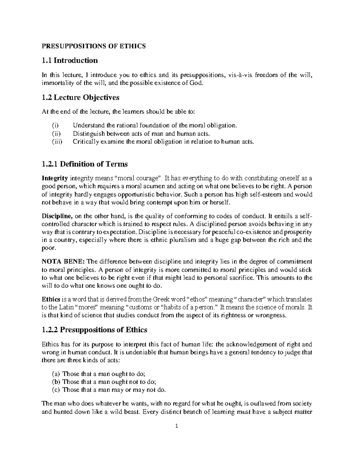 CDEV 326: Lecture Notes on Ethics and Its Presuppositions - Studocu