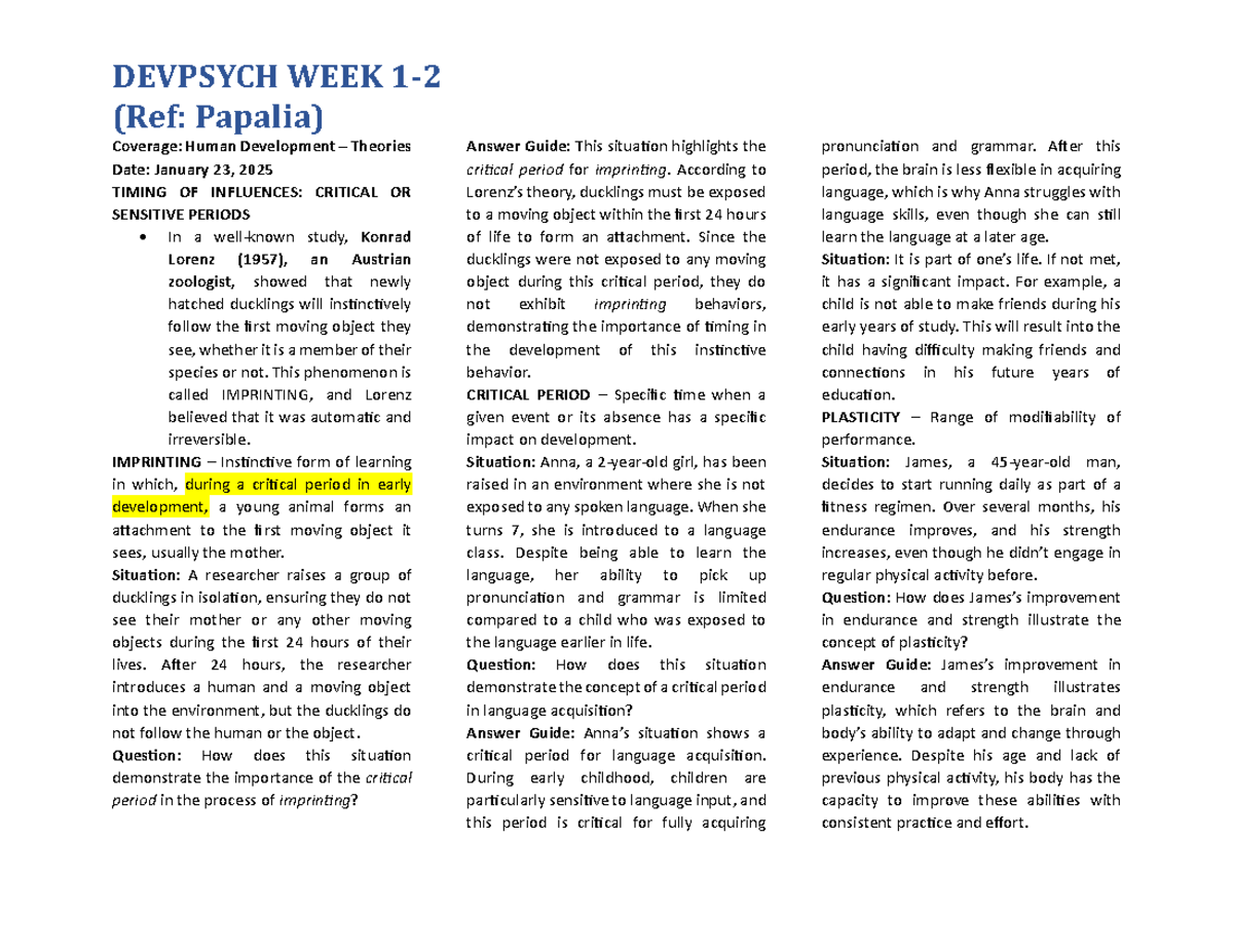 WEEK 1-2 Devpsych - Chapters 1 & 2: Human Development Theories - Studocu