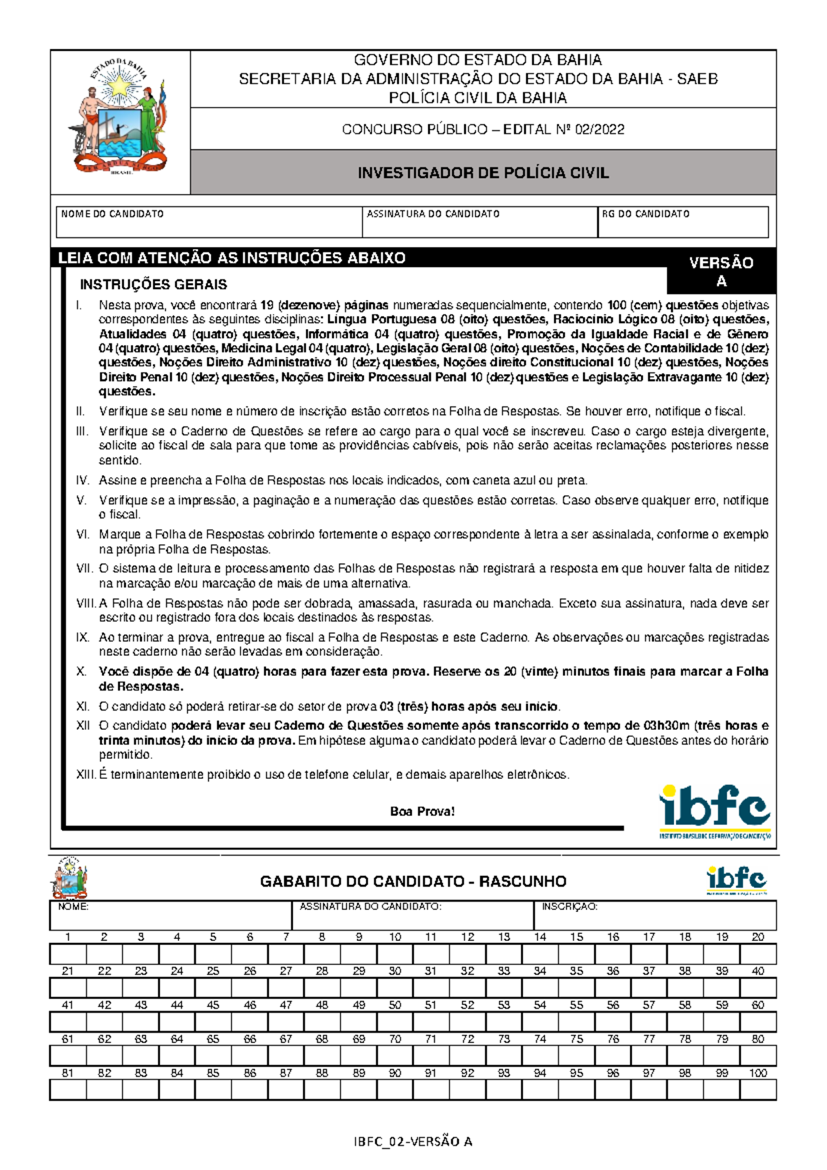 **Ibfc 2022 PC BA Prova para Investigador de Polícia Civil** - Studocu