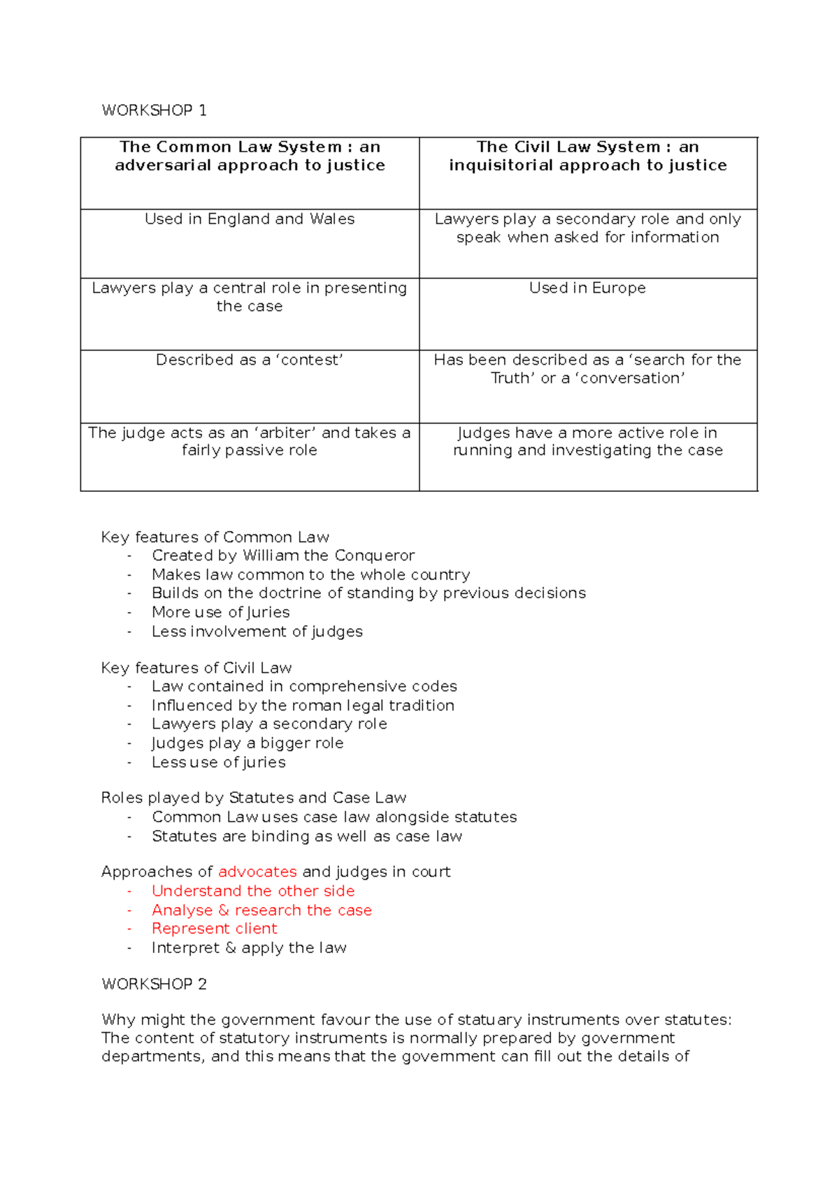 WORKSHOP SUMMARIES: Common Law vs Civil Law Systems & Statutory ...