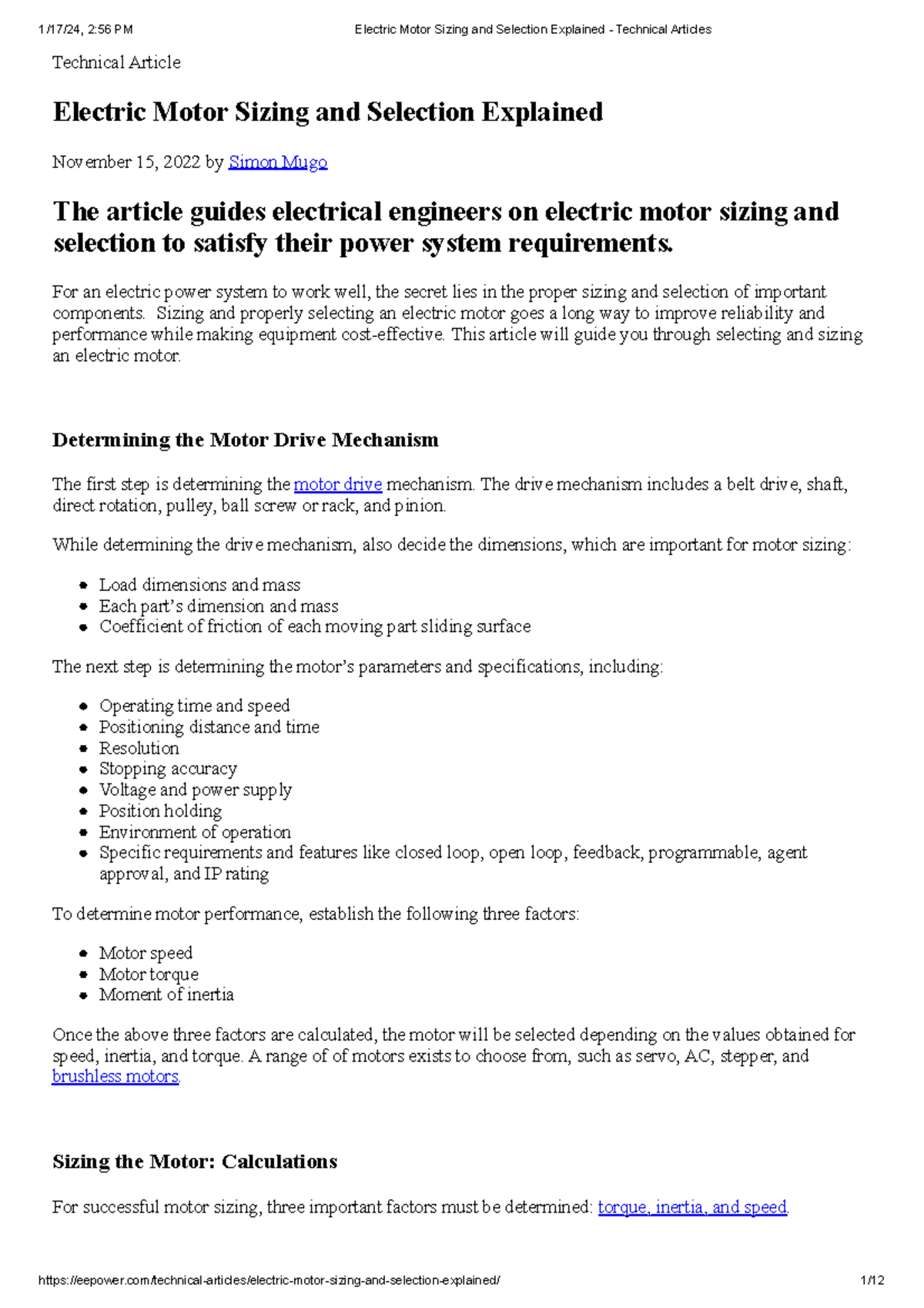 Electric Motor Sizing and Selection and torque and speed - Technical ...