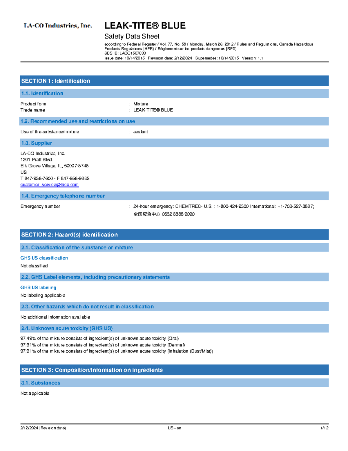 SDS for LEAK TITE BLUE: Compliance with Federal & Canadian Regulations ...