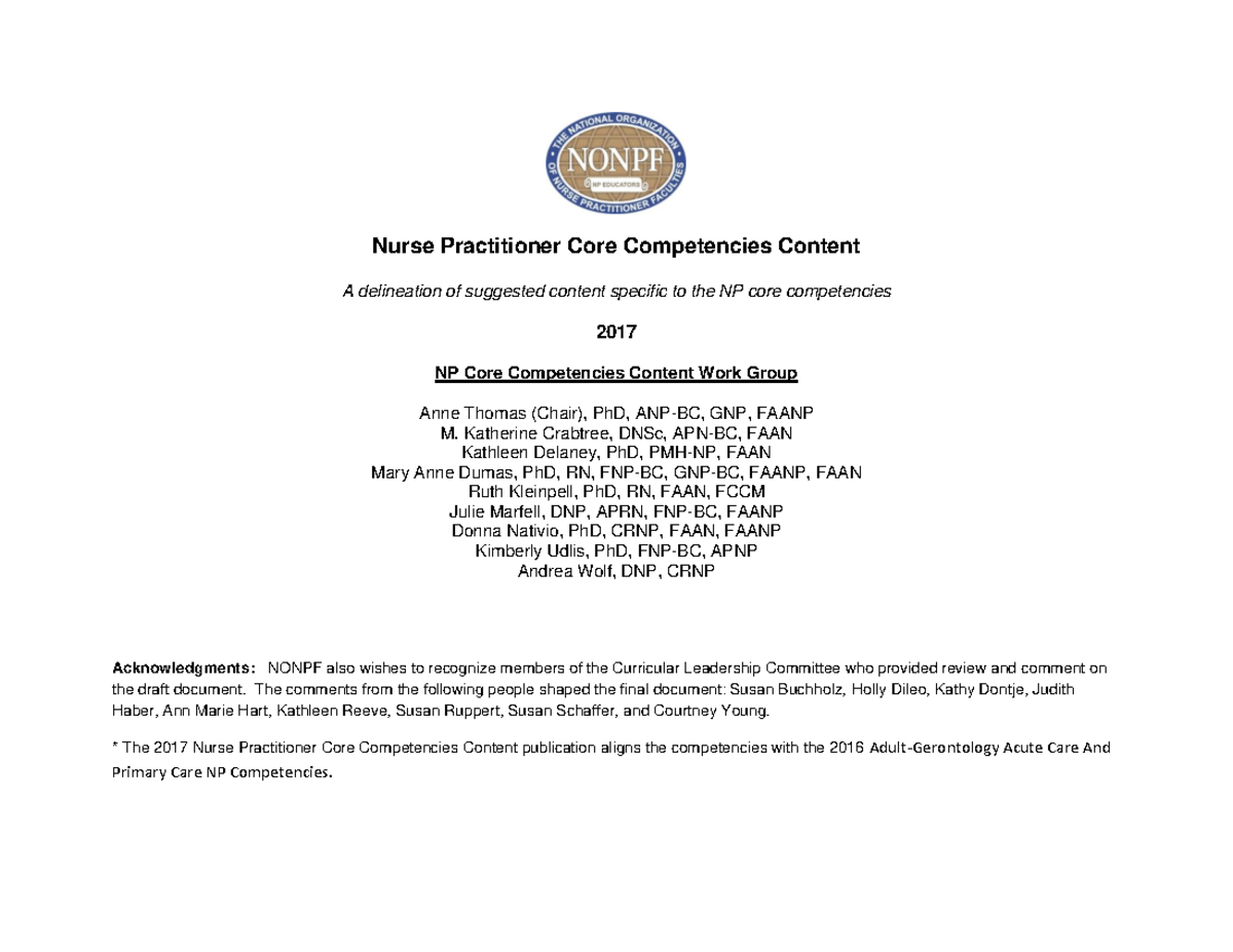 2017 NP Core Competencies with Suggested Curriculum Content - Studocu