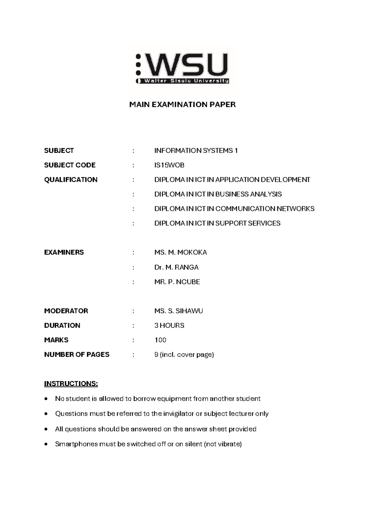 Final Exam Paper: Information Systems IS15WOB - Diploma in ICT - Studocu