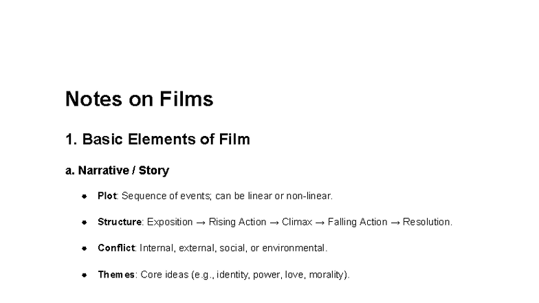 Notes on Films - Basic Elements of Film a. Narrative / Story Plot ...