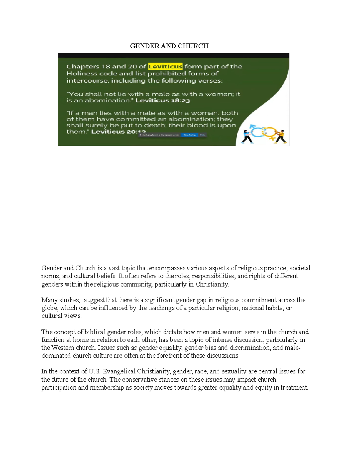 Gender AND Church - GENDER AND CHURCH Gender and Church is a vast topic ...