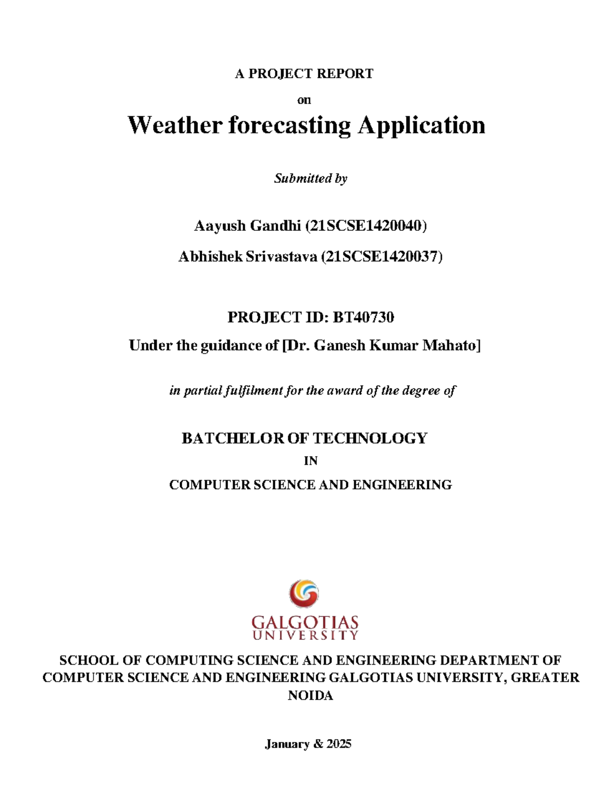 Project Report - Weather Forecasting Application (BT40730) - Studocu
