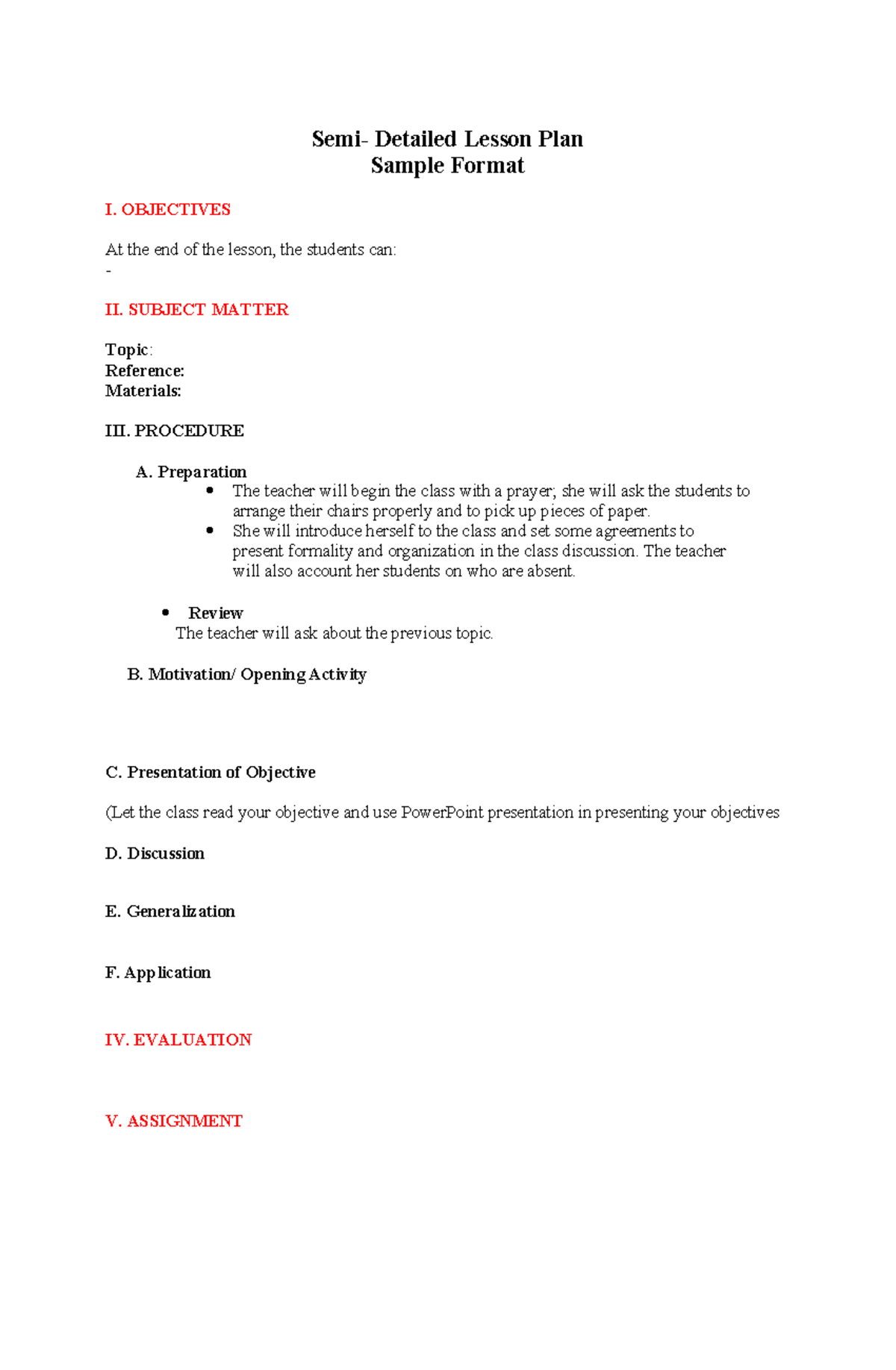 Semi-Detailed Lesson Plan Sample for Educational Settings - Studocu