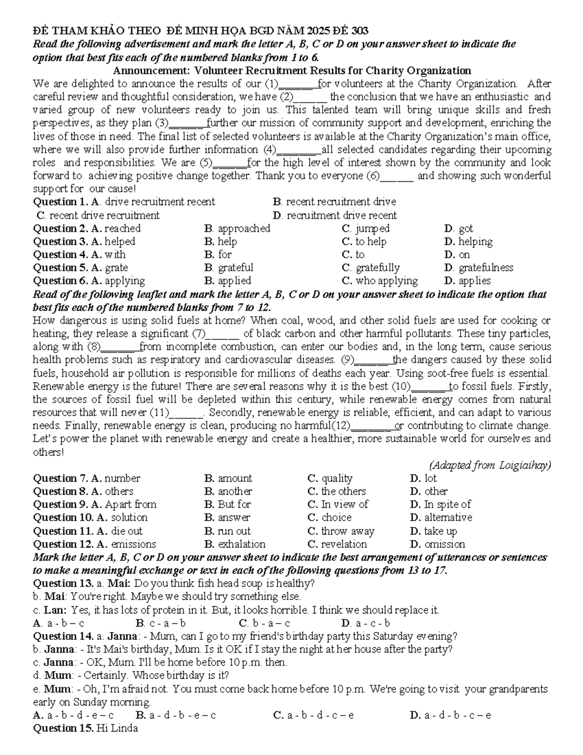 ĐỀ VIP 303 - GCSE Test: Volunteer Recruitment & Environmental Awareness ...