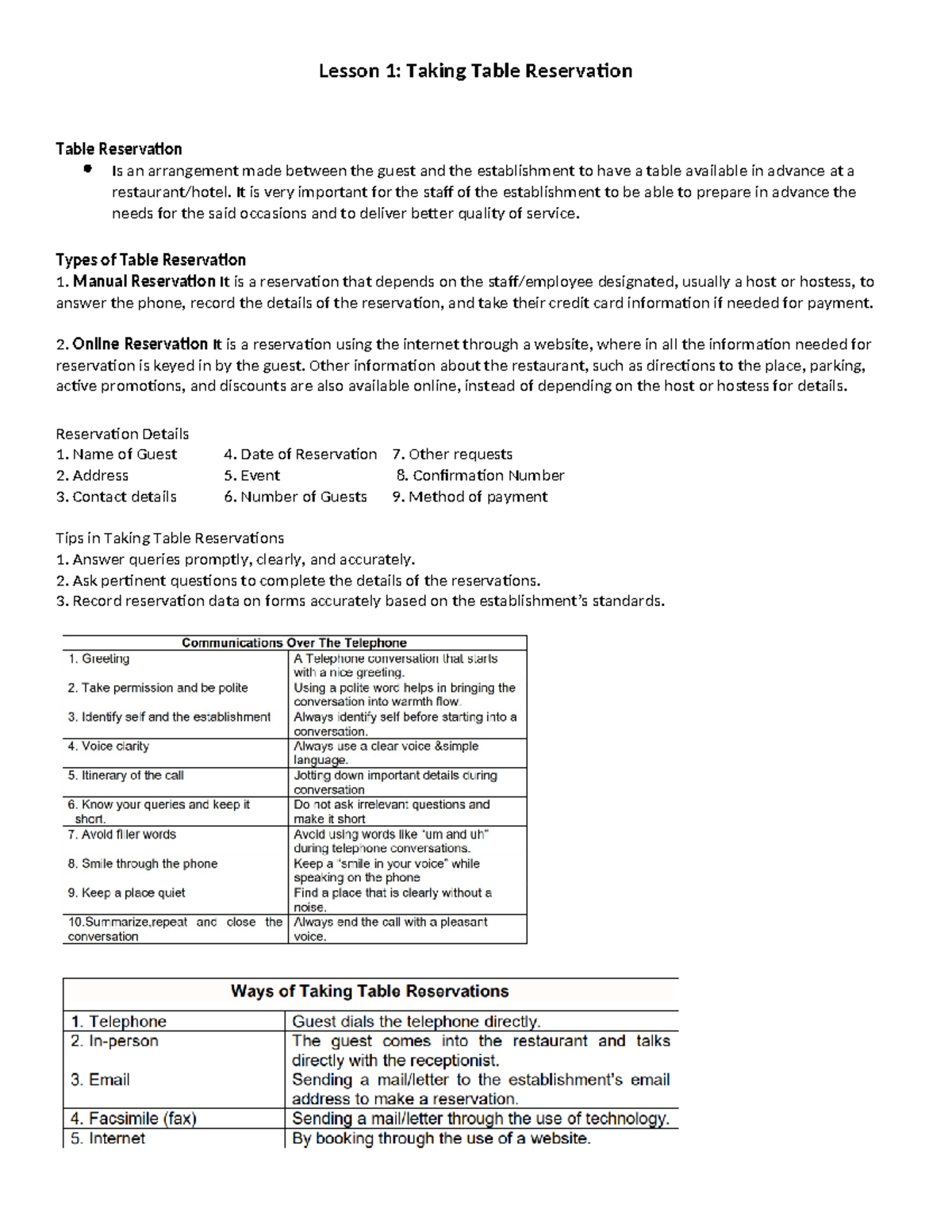 FOOD AND BEVERAGE SERVICES: Lesson 1 - Table Reservations Guide - Studocu