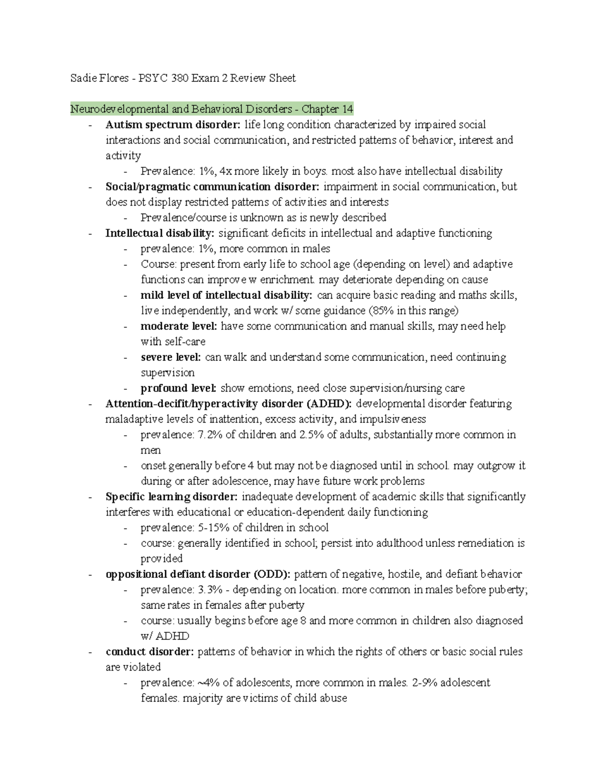 PSYC 380 Exam 2 Study Guide: Neurodevelopmental & Mood Disorders - Studocu