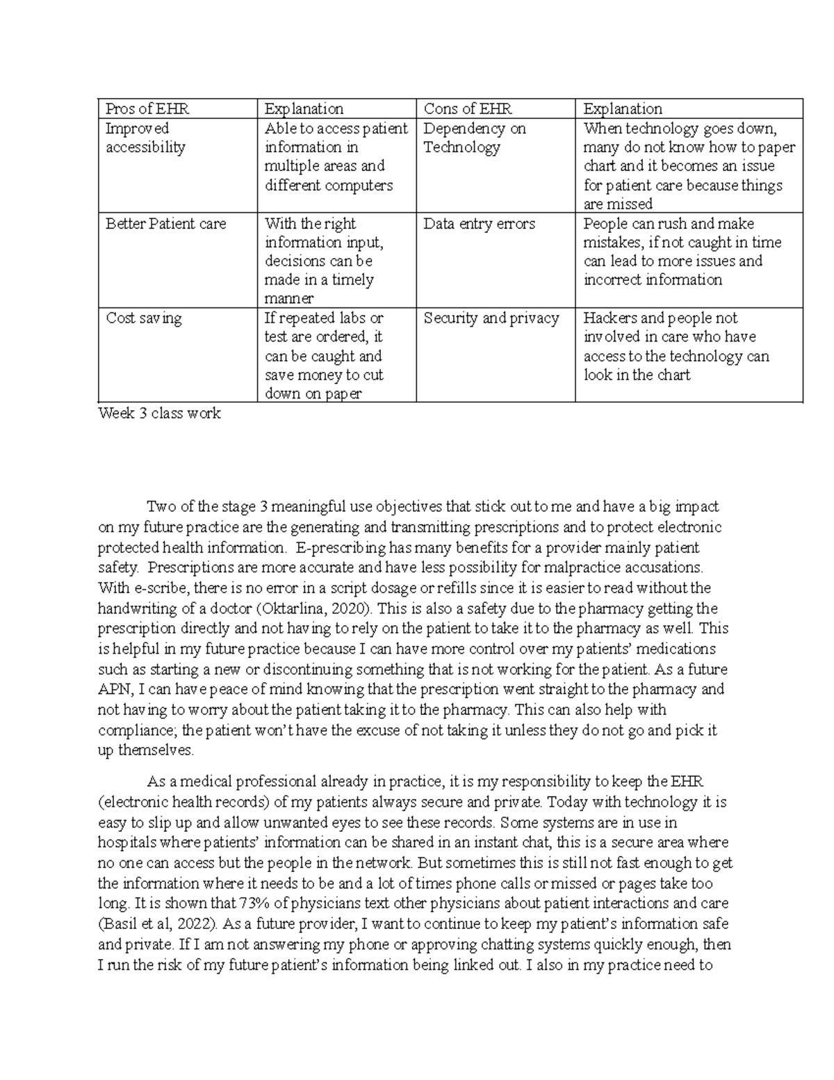 Week 3 NR-599 - Pros and Cons of EHR in Patient Care - Studocu