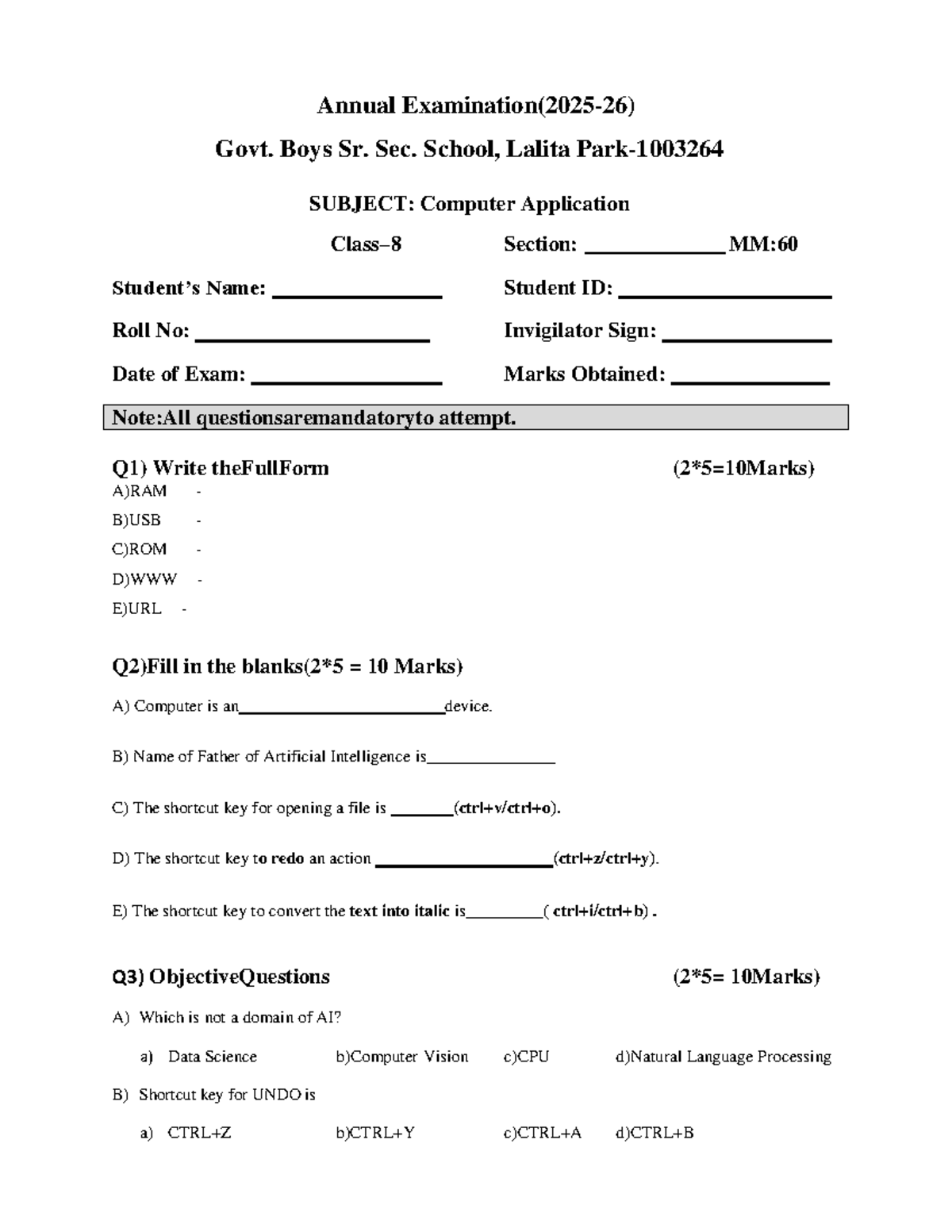 Class 8 Annual Exam: Computer Application (MM: 60) - Studocu