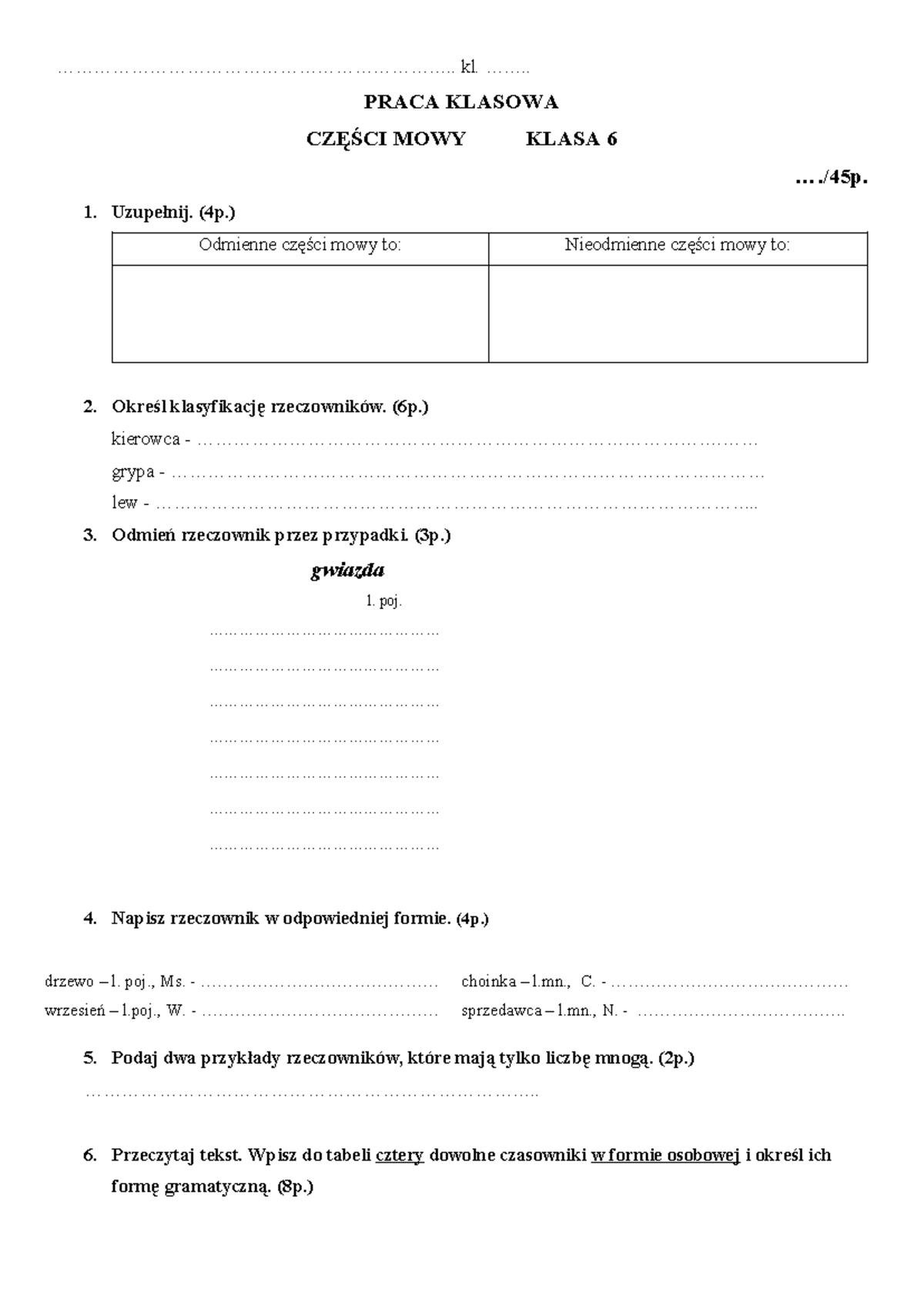 Nieodmienne Części Mowy Sprawdzian Klasa 6 Chomikuj www.studocu.com