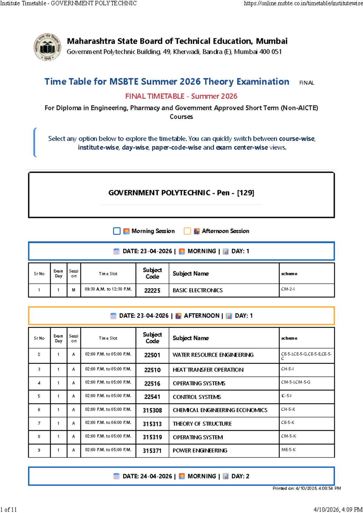 Final Exam Timetable for MSBTE Summer 2026 - Government Polytechnic ...