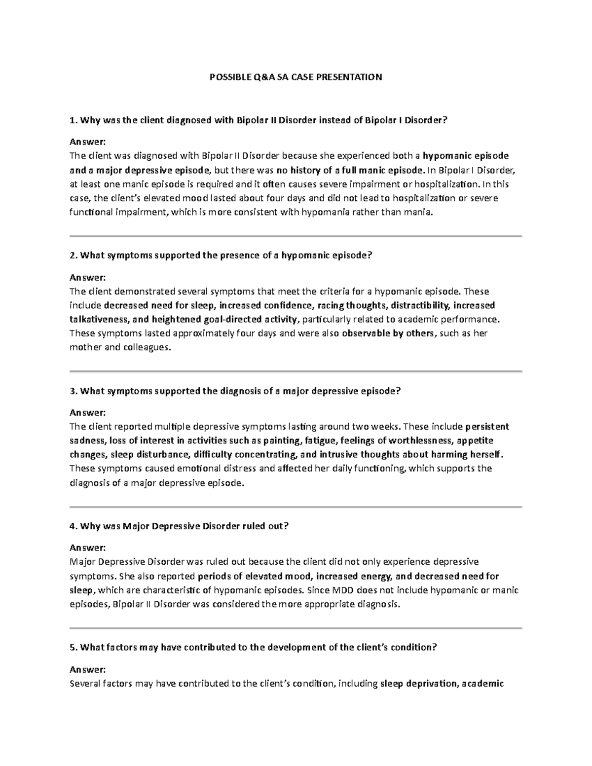 SA Case Study: Bipolar II Disorder Diagnosis & Treatment Insights - Studocu