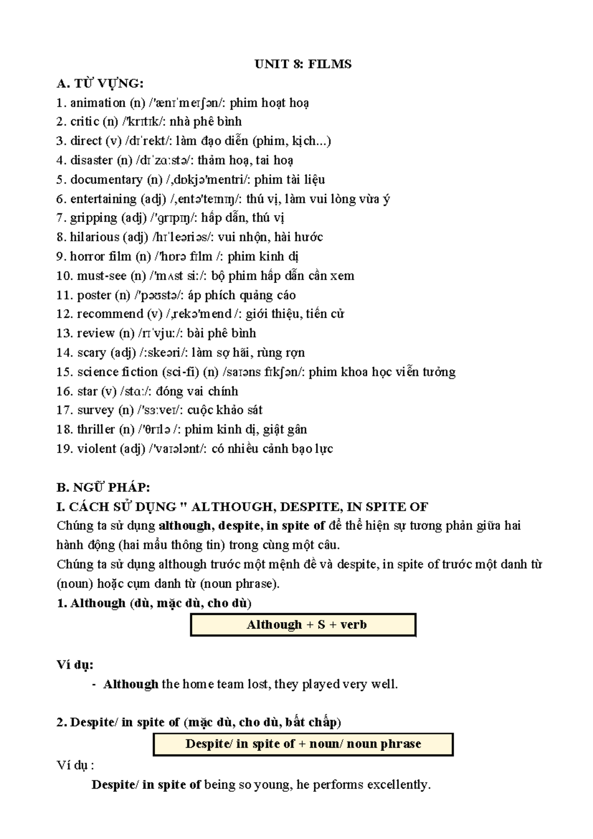 Unit 8: Vocabulary and Grammar Exercises on Films - Studocu