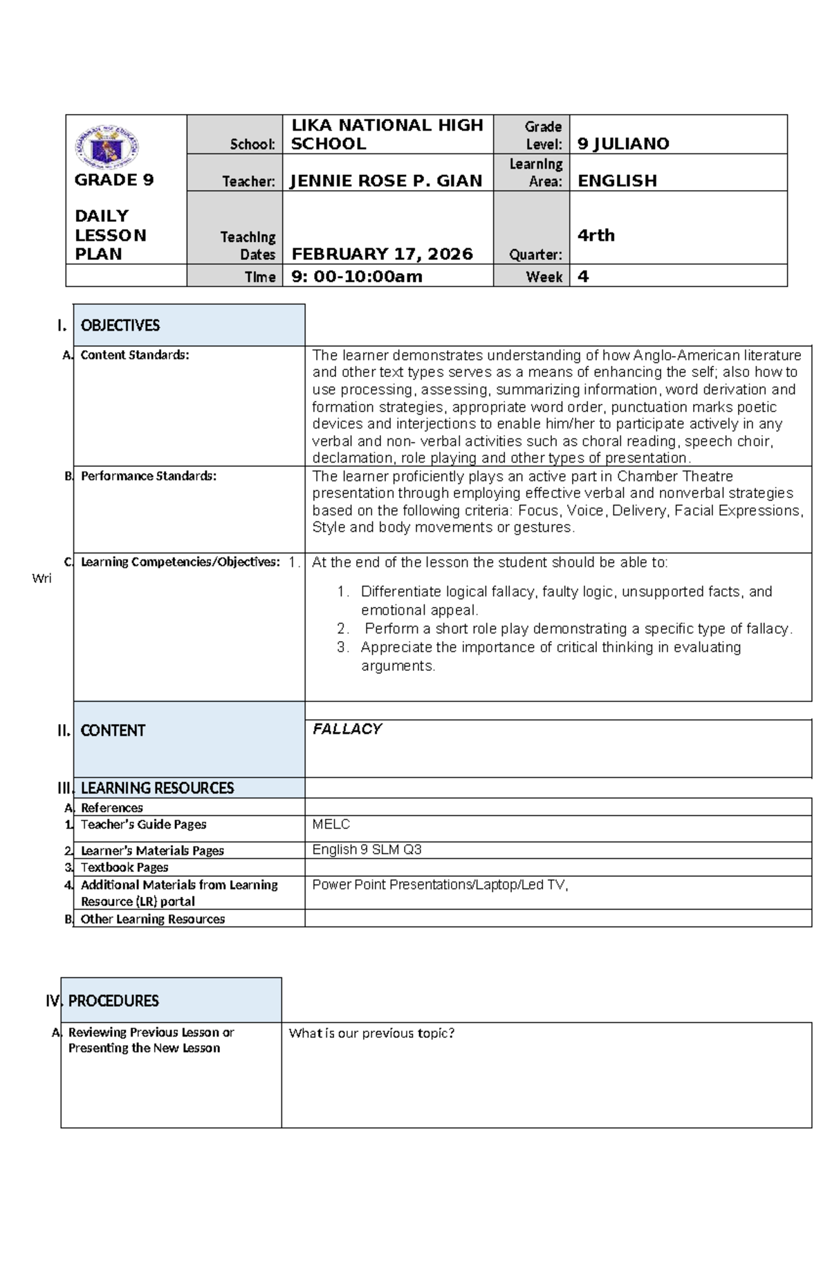 Grade 9 English Lesson Plan: Understanding Fallacies (FEB 17 LP) - Studocu