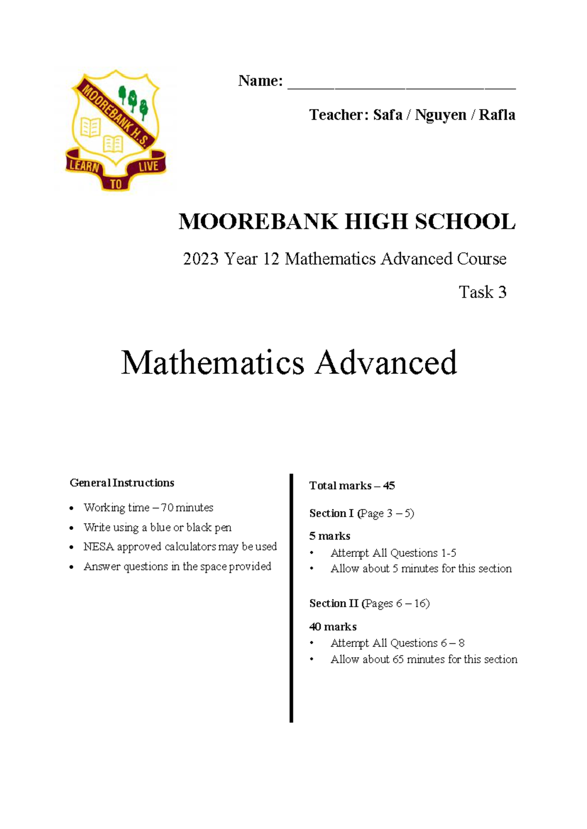 Task 2 maths - Name: _____________________________ Teacher: Safa ...