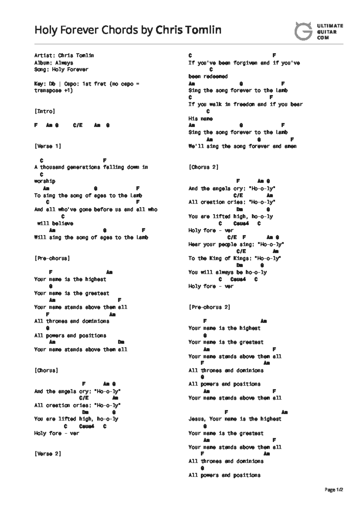 Holy Forever Chords - Chris Tomlin (Always Album) - Studocu