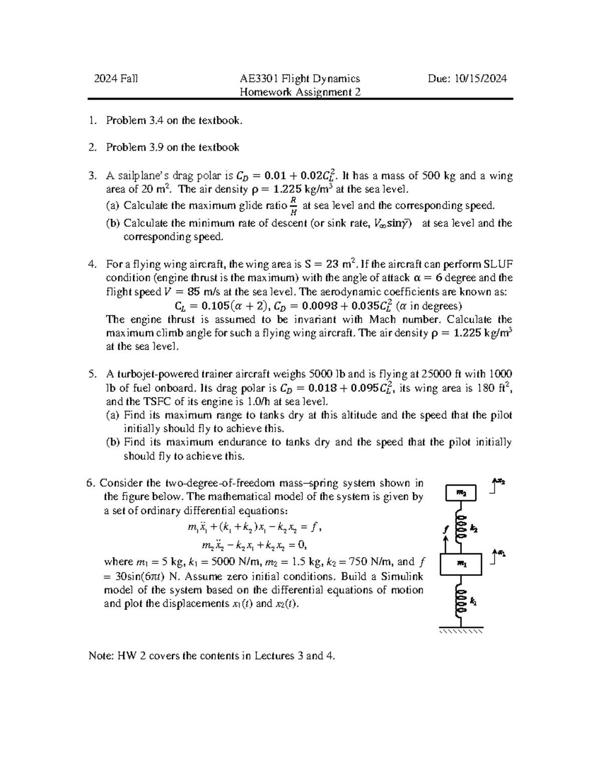 AE 3301 Fall 2024 Homework Assignment 2: Flight Dynamics Problems - Studocu