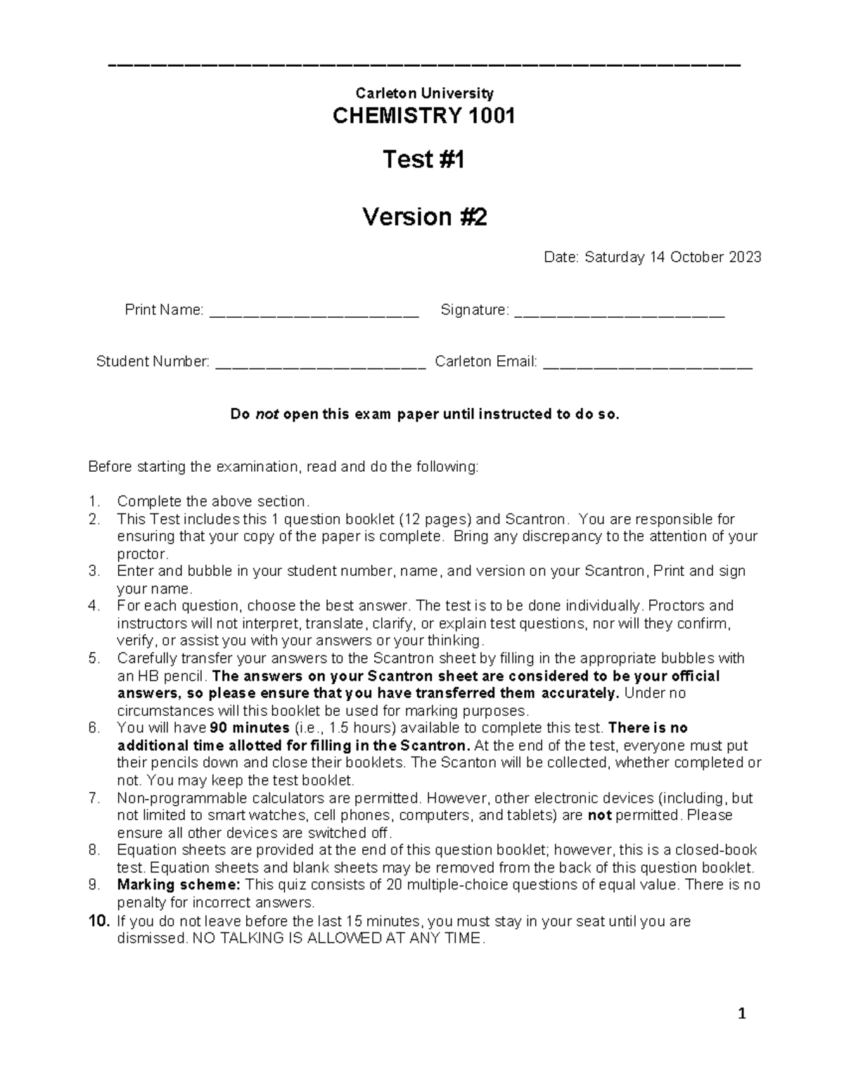 Carleton University CHEMISTRY 1001 Test 1 Version 2 Review Guide - Studocu