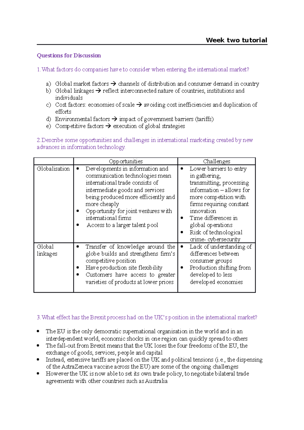 Week two tutorial - Week two tutorial Questions for Discussion 1 ...